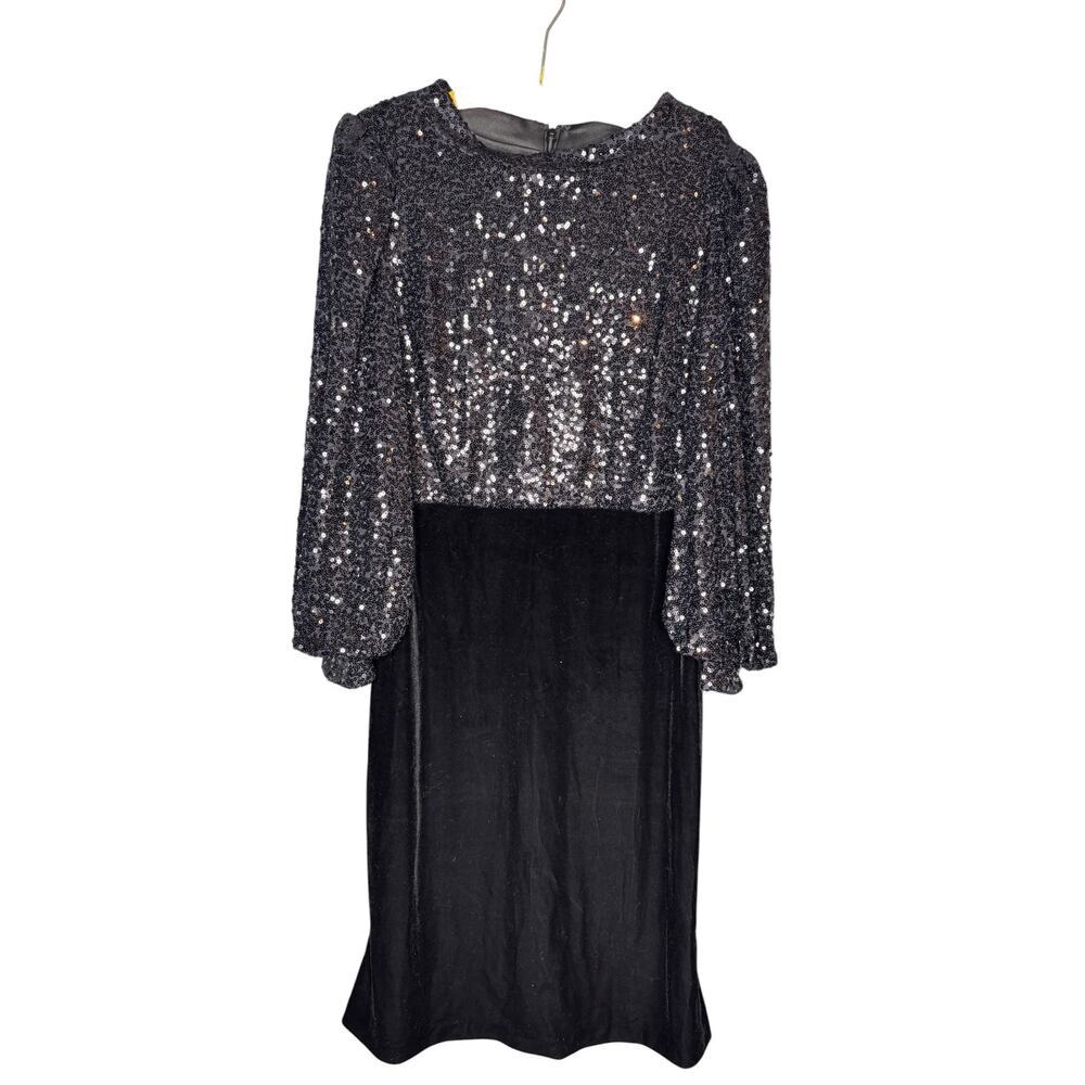 Badgley Mischka Black Sequin Velvet Look Dress Size 16 Long Sleeve Cocktail